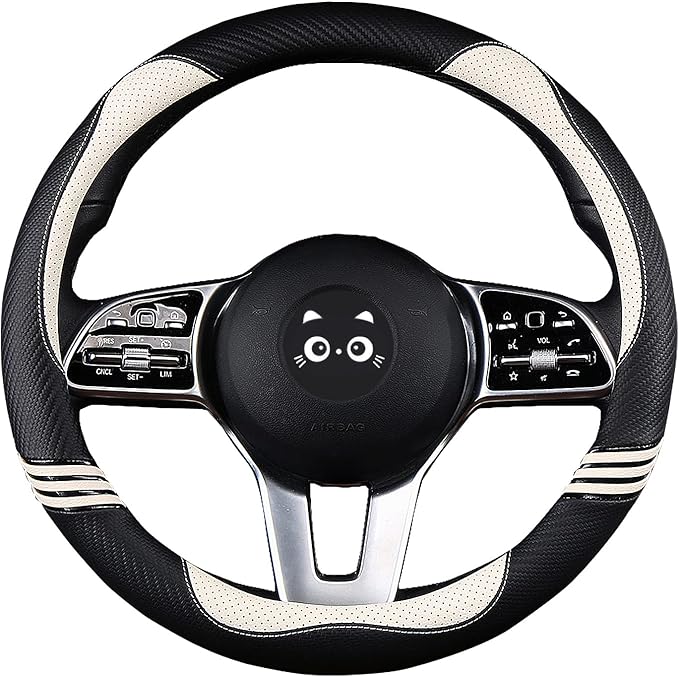 Cute Steering Wheel Cover for Women, Pu Leather with Anti-Slip Rubber Ring, Steering Wheel Protector for Men, Universal Fit 14.5-15 inches for Cars,SUV (Pearl White)