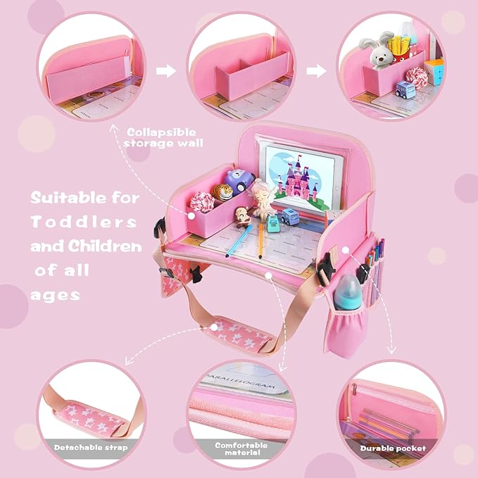 Kids Travel Tray for Toddler Car Seat, Road Trip Activities for Kids with iPad Holder Stand & Dry Erase Board, Road Trip Essentials Accessories Lap Tray as Travel Gifts for Kid, Pink