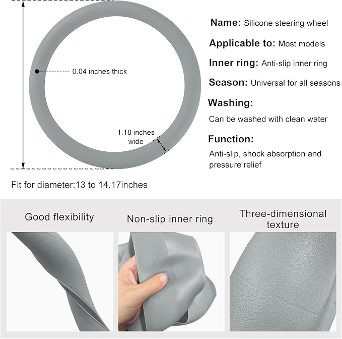 Car Steering Wheel Cover, 13 to 14.17 inches Anti-Slip Silicone Steering Wheel Protector, Soft Flexible Shock-Absorbent Steering Wheel Protective Cover for Most Car Models (Gray)