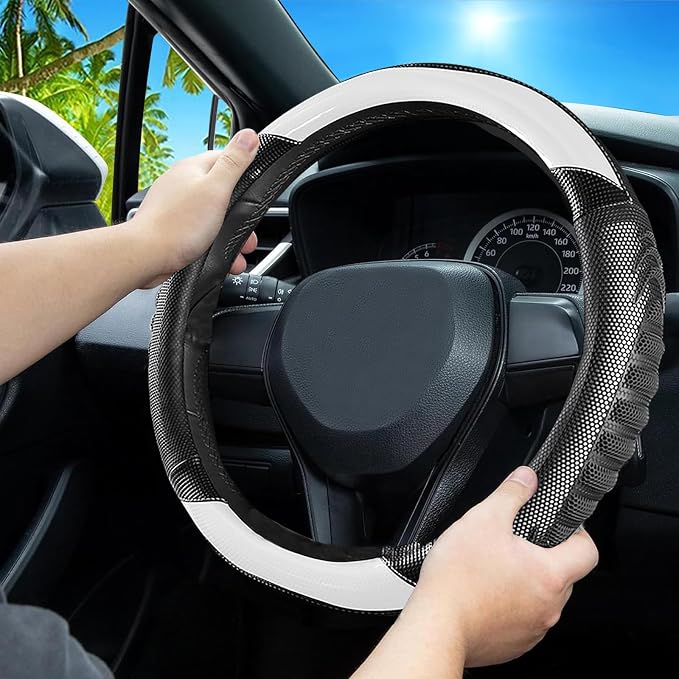 5D Honeycomb Knight White Car Steering Wheel Cover,14.5-15 Inch Universal Carbon Fibre Leather Covers Breathable Anti-Slip Odorless Steering Wheels Accessories for Men Women