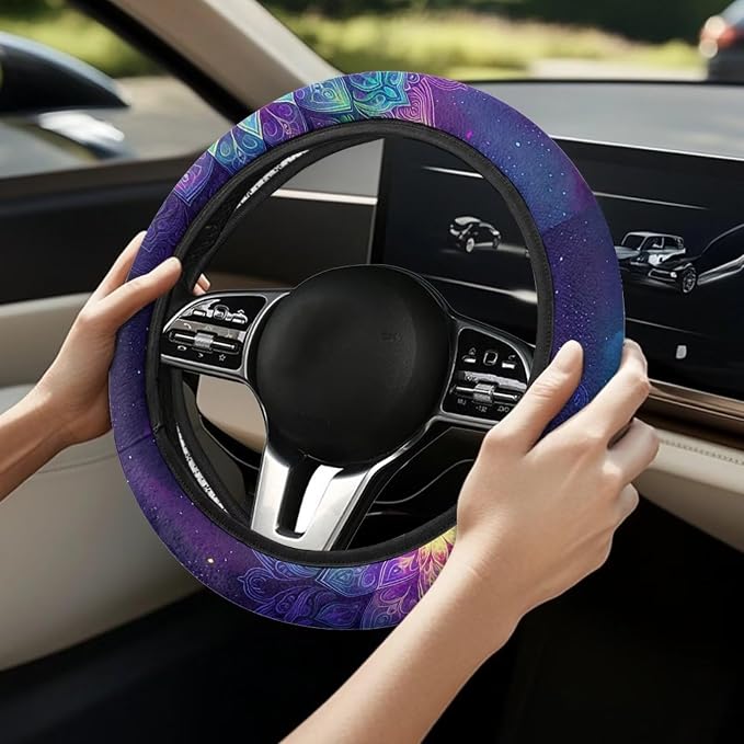 Automotive Steering Wheel Covers Universal Fit 14 to 15 inch, Purple Bohemian Flower Steering Wheel Protector with Cloth for Women Keep Warm Comfort Grip Sweat Absorption Neoprene