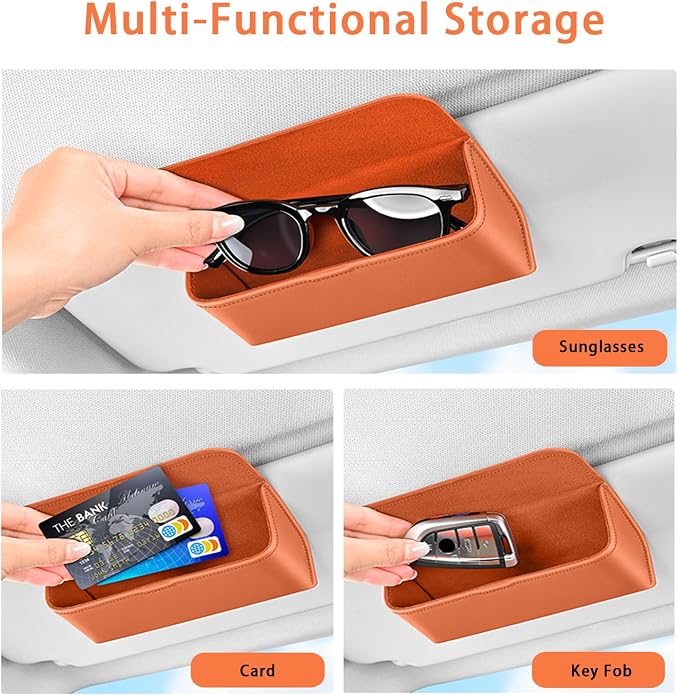 Universal Car Sunglasses Holder for Sun Visor, Premium Magnetic Leather Eyeglass Hanger Clip & Visor Organizer, Large Capacity Car Interior Accessories Fit for Women Men Orange