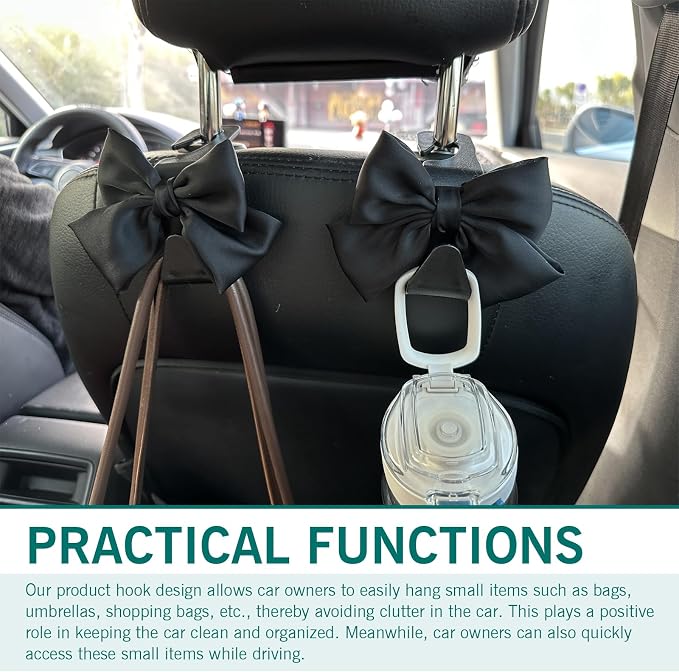 2PCS Car Seat Headrest Hooks, Car Purse Hook for Car, Cute Bow Car Rear Seat Storage Hooks, Interior Decorating Accessories for Purses, Bags, Umbrellas (Black)