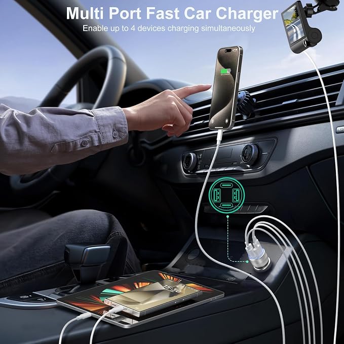 USB C Car Charger, 3 Pack 65W 4 Ports 12V USB C Cigarette Lighter Adapter QC 3.0&PD 30W Super Fast Type C Car Phone Charger for iPhone 15/14/13/11/iPad Pro,Samsung,Android(Silver)