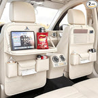 2 Pack Universal Foldable Car Backseat Organizer with Table Tray, Car Seat Back Protector with Touch Screen Phone Holder, Premium Leather Kick Mats with Storage Pockets Tissue Holder (Beige)