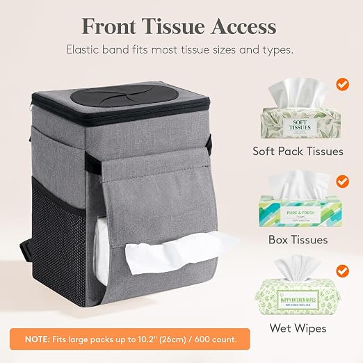 Car Trash Can with Lid and Tissue Holder, Leak-Proof Waterproof Automotive Garbage Cans, Car Accessory Interior, Trash Bin for the Back/Front/Console of Car, 2 Gallons, Grey