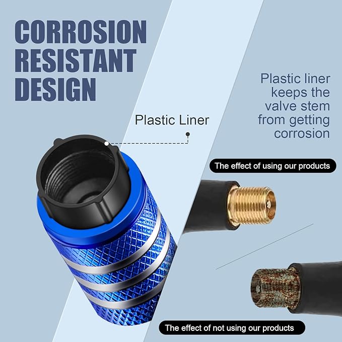 Tire Valve Stem Cap Cover - (12 Pack) Tire Air Caps Metal with Plastic Liner Corrosion Resistant Leak-Proof for Car Truck Motorcycle SUV and Bike Blue