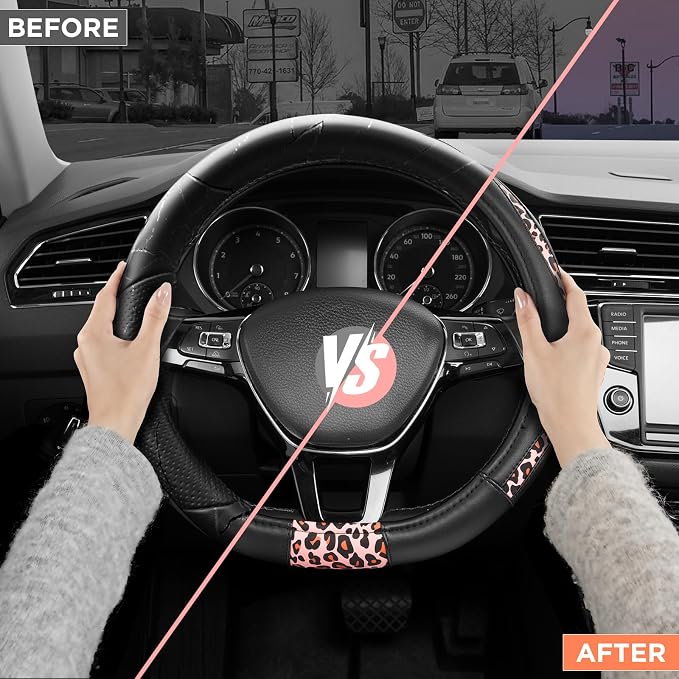 Steering Wheel Cover - Flat Bottom Wheel Cover Made with PVC Leather and Pink Leopard Fabric - Universal Fit for 15-Inch D-Shaped Automotive Steering Wheels (Pink Leopard)