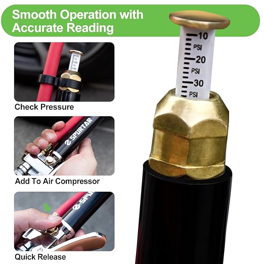 Spurtar 10-120 PSI Tire Pressure Gauge with Inflator Heavy Duty | Air Chuck Pressure Gauge with 4 Way Tool Valve Cores Air Compressor Attachments Tire Inflator Nozzle for Car Automotive Truck