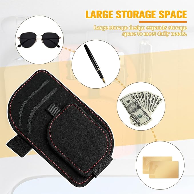 Car Sun Visor Organizer, Multi-Pocket Vehicle Sunglass Card Holder with Pen Slot, Automotive Interior Sunshade Glasses Storage Organizer, Universal Fit (Black)