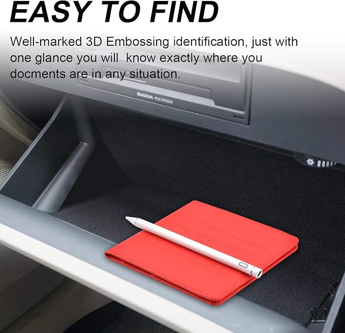 Car Registration and Insurance Holder, Vehicle Glove Box Car Organizer Men Women Wallet Accessories Case for Cards, Essential Document, Driver License, Red