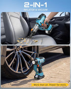 Cordless Tire Inflator Portable Air Compressor, 21V 150PSI Fast Inflation Handheld Air Pump with 20000Pa Vacuum, Dual Rechargeable Battery, Auto Shut Off, Digital Gauge, LED Light for Car, Bike