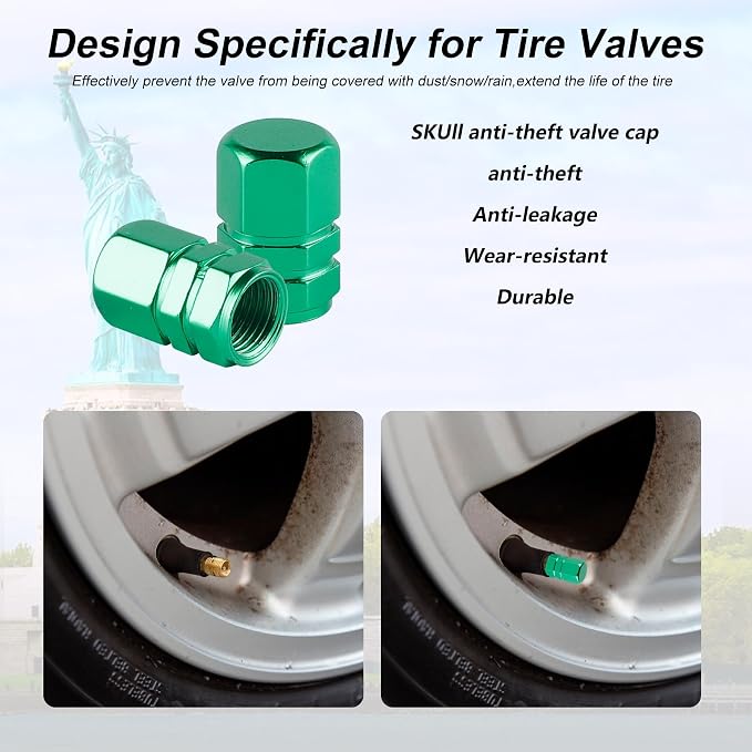 Aluminum Tire Stem Valve Caps Wheel Valve Covers Car Dustproof Tire Cap Cover Accessories, Universal for SUV, Car, Bike and Motorcycle, Hexagon Shape (4PCS Green)