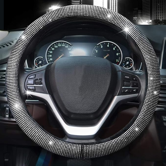 Steering Wheel Cover for Women Men Bling Bling Crystal Diamond Sparkling Car SUV Wheel Protector Universal Fit 15 Inch (Black with White Diamond,Standard Size(14" 1/2-15" 1/4))