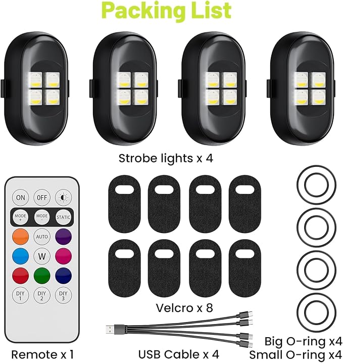 Wireless LED Lights for Car 4PCS, Interior Car Lights with Remote, USB-C Charging Strobe Lights, 80H Battery 8 RGB Colors IP65 Waterproof Ambient Lighting Car Accessories for Trucks Motorcycles Bike