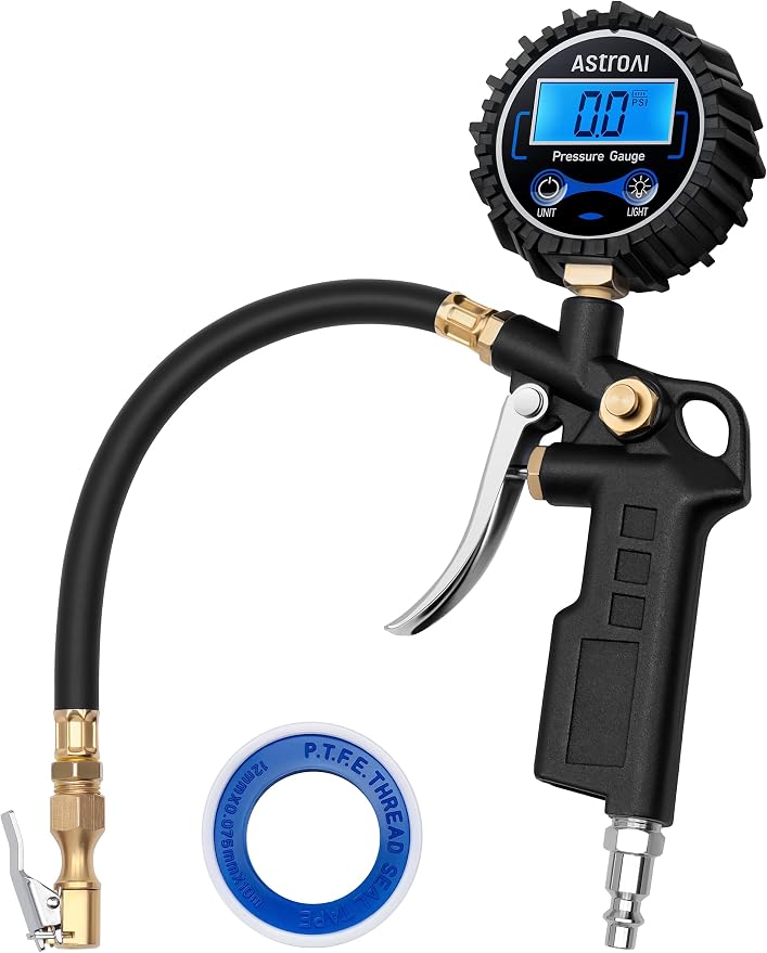 Digital Tire Pressure Gauge with Inflator, 3-250 PSI Air Chuck & Compressor Accessories Heavy Duty with Quick Connect Coupler, 0.1 Display Resolution, 1Pack Standard