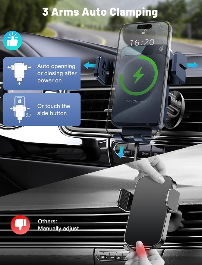 Wireless Car Charger, Auto-Clamping Car Mount 15W/10W/7.5W Fast Charging Air Vent Car Phone Mount Compatible with iPhone 15/14/13/13 Pro/12 Pro Max/12 pro/12/11/10 Series, Samsung Galaxy Series