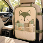 Juju Car Seat Back Protector – Padded Kick Mat with Sleepy Fox Face – Two Mesh Storage Pockets – Wipe-Clean Panel with Adjustable Straps for Backseat