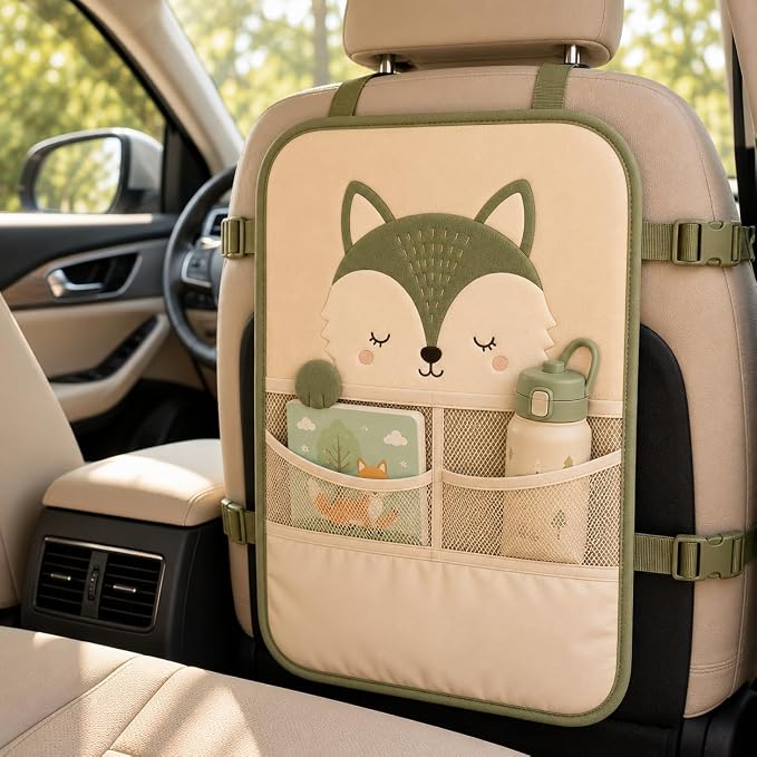 Juju Car Seat Back Protector – Padded Kick Mat with Sleepy Fox Face – Two Mesh Storage Pockets – Wipe-Clean Panel with Adjustable Straps for Backseat