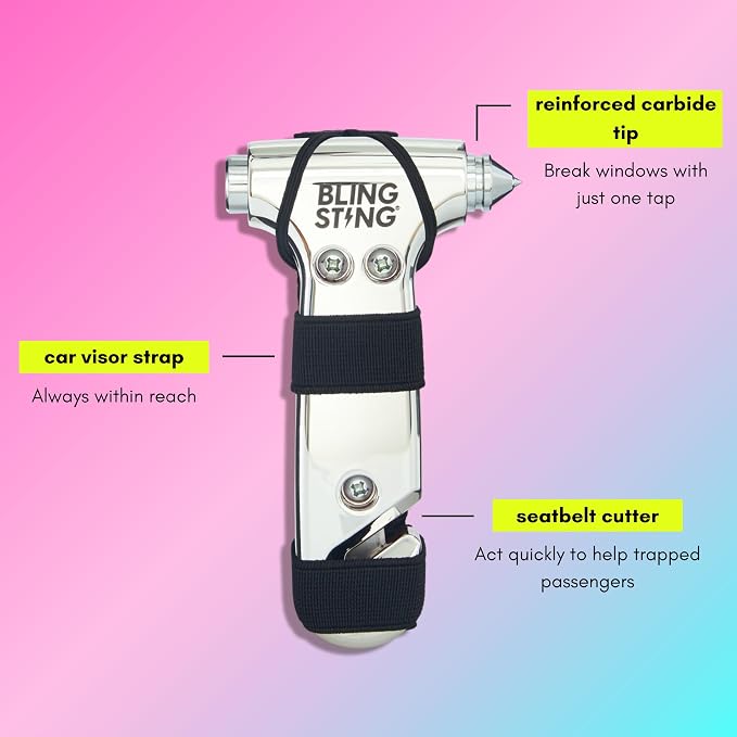 Car Emergency Escape Hammer, Seatbelt Cutter, Window Breaker Tool, Interior Visor Strap, New Driver Vehicle Safety Essentials, Cute Car Accessories for Women - Black & Silver, 2 Count