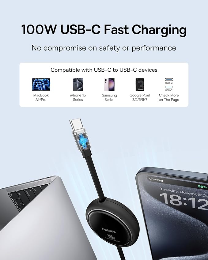 USB C to USB C Cable, 100W Retractable USB C 5A Fast Charging Cable, 4-Stage Length Preset USB Type C Charger Cord for iPhone 17 16 Pro Plus Pro Max, MacBook, iPad, Samsung S24/S23+ (3.3ft)