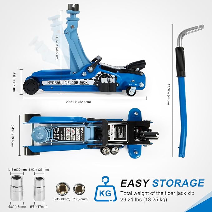 Floor Jack Kit 2.5 Ton (5,500 lbs) | Car Jack - Hydraulic Low Profile Trolley Jack - Tire Tool for SUV and Auto with Lug Wrench Blue