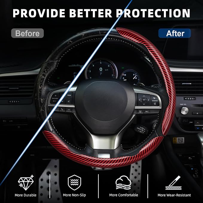 3pcs Carbon Fiber Anti-Skid Steering Wheel Cover, Waterproof Design, Universal Fit for 14-16 Inch Car Wheel Cover, Interior Car Accessories for Jeeps, SUVs, Trucks (Glossy Red)