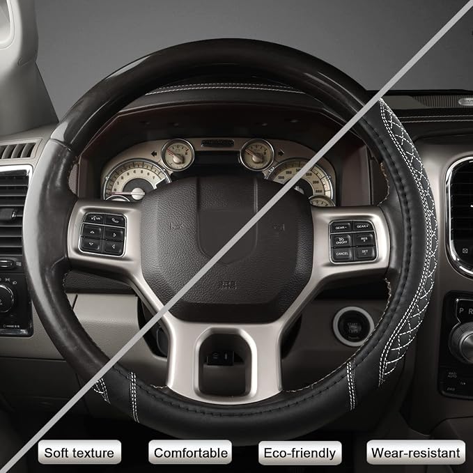 Customized Auto Car Steering Wheel Cover for Dodge 1989-2011 RAM 1500 2500 3500, Charger, Durango, Challenger(Diamond Quilted-Black+Gray-Standard Size)