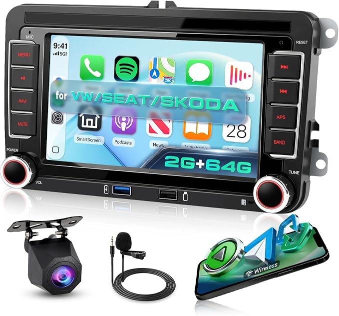 4G+64G Android Car Stereo for VW Jetta Passat Golf Beetle Polo Caddy Tiguan Touran SEAT Skoda,7 Inch Touchscreen with Wireless Carplay Android Auto GPS WiFi Bluetooth FM/RDS DSP Canbus Camera