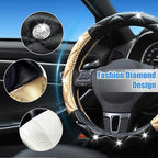 Black and Gold Steering Wheel Cover, Auto Cute Diamond Bling Soft Comfort Leather Car Interior Accessories Protector Sparkly Fit Most O-Shaped Steering Wheels