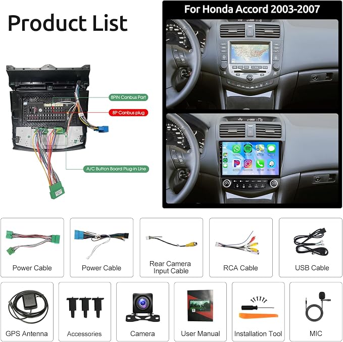 4Core 2G+64G Android 15 Car Stereo for Honda Accord 2003-2007, 5G-WiFi Car Radio Wireless Carplay Android Auto 10.1'' Touchscreen GPS Mirror Link Bluetooth FM/RDS SWC Backup Camera Microphone