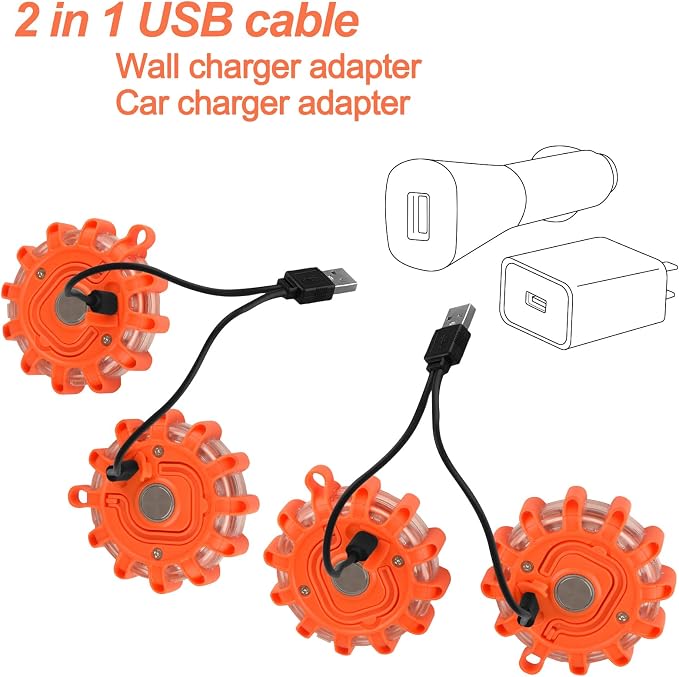 USB-C Rechargeable LED Road Flares Roadside Emergency Light, Safety Warning Flashing Flare Beacon Disc Strobe Traffic with Magnetic Base for Construction Vehicles Truck Boat (Amber,2 Pack)