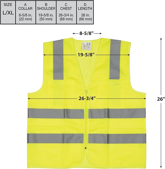 W1580 High-Visibility Reflective Safety Vest, Chest Pockets, Zip Closure, Neon Yellow