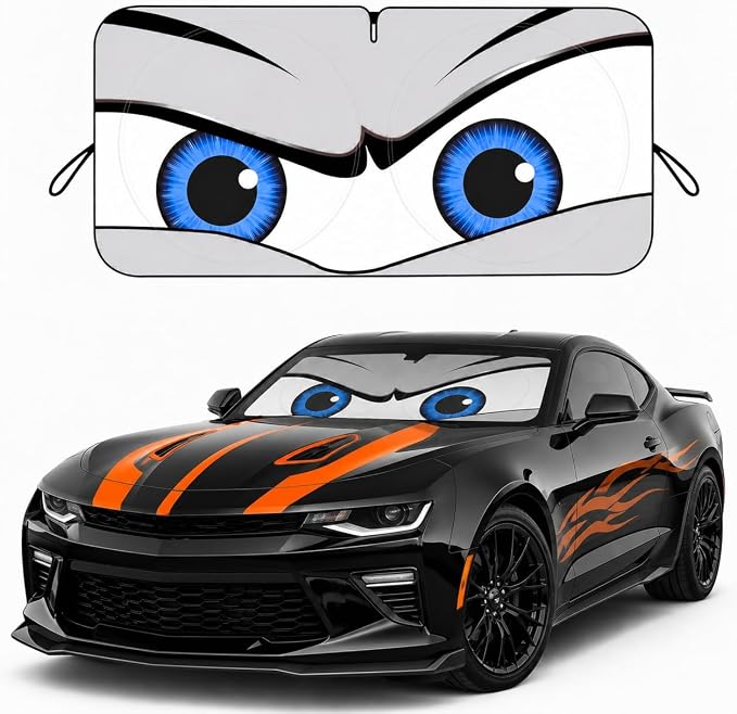 Car Windshield Sun Shade, Universal Fit Compact Sedan SUV, Cool Gray | 59 x 27.5" Car Sun Visor, Foldable Front Window Sunshade, UV Heat Protection, Cute Eyes Series