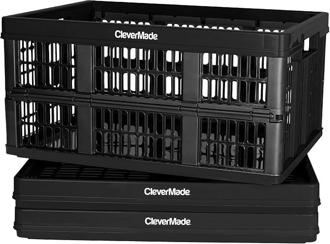 Collapsible Utility Crates, Obsidian, 3 Pack, 45L/11 Gal, 66 lbs Capacity, Stackable Containers, Heavy Duty, Space-Saving Baskets,Polypropylene (PP)