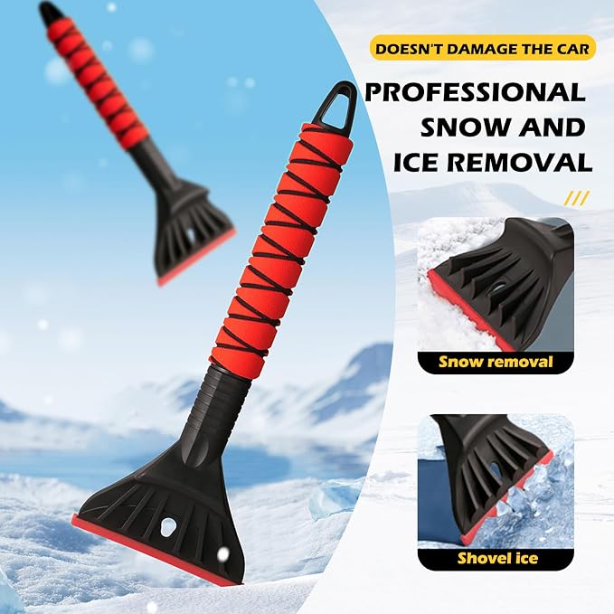 Professional Ice Scraper and Snow Brush for Cars, 2-in-1 Winter Snow Removal Tool with Ergonomic Foam Grip, ABS Ice Chopper for Windshield, Window, and Vehicle Snow Cleanup (Red 2PC)