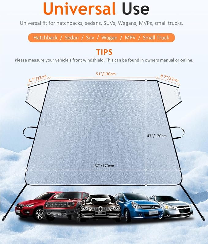 Car Windshield Cover for Ice and Snow, 4 Layers Hail Sun Rain Protection, Waterproof Winter Frost Protector Exterior Front Window Covers Universal for Car SUV Van All Weather 68.5" x 47"
