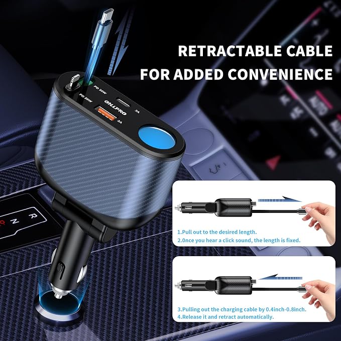 Retractable Car Charger Cigarette Lighter Adapter, 168W 5 in 1 Fast Phone Charging Built-in Replaceable Fuse, Socket Splitter with USB C and USB i Cord, Fit for Phone iPad Galaxy GPS, Blue