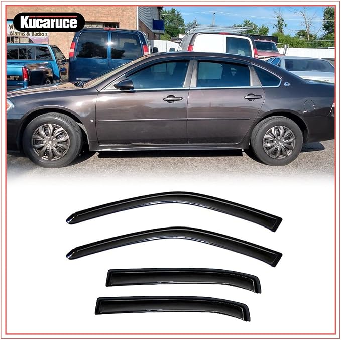 Side Window Wind Deflector fit for 2006-2013 Chevrolet Impala &2014-2016 Chevrolet Impala Limited Model Only, 4pcs Out-Channel Tape-On Rain Guards Set, Dark Smoke Nice Window Visor 94843