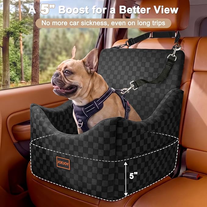 Elevated Dog Car Seat for Small/Medium Dogs up to 35 lbs, Memory Foam Booster Seat with Detachable Washable Cover, Travel-Safe Car Bed with Safety Belts & Storage Pockets, Black