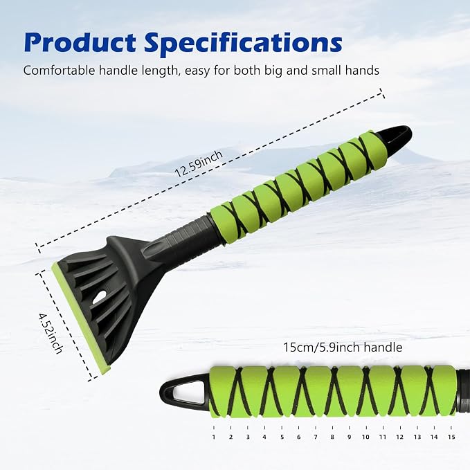 Professional Ice Scraper and Snow Brush for Cars, 2-in-1 Winter Snow Removal Tool with Ergonomic Foam Grip, ABS Ice Chopper for Windshield, Window, and Vehicle Snow Cleanup (Green 2PC)