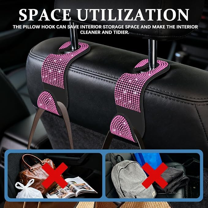 4PCS Bling Car Seat Headrest Hooks, Purse Holder for Car, Vehicle Back Seat Purse Handbag Hanging Holder with Crystal Rhinestone, Diamond Car Rear Seat Organizer for Vehicles (Pink/Black)