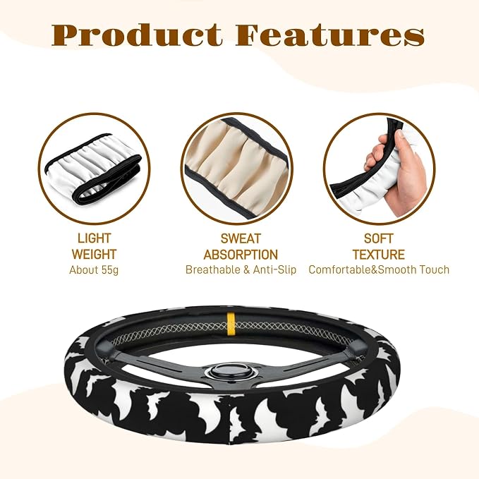 Steering Wheel Cover Accessories Neoprene Cover, Breathable Non-Slip Easy to Install Suitable for Women Men, 14.5-15.5 Inch for Car SUV Van Truck Universal - Bat