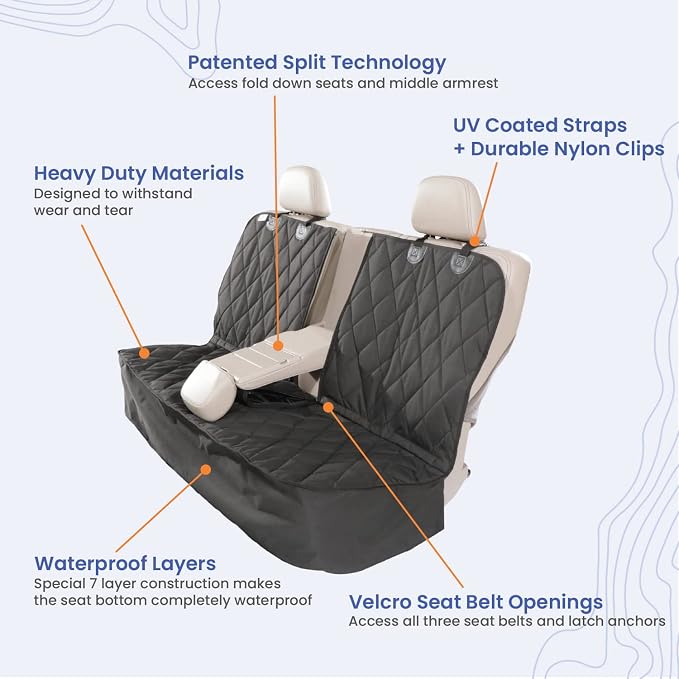 Dog Seat Cover for Back Seat, Heavy Duty Waterproof Rear Seat Protector for Large Trucks, SUVs, Cars - Fits 60/40 Split Bench with Middle Seat Belt, Non-Slip Backseat Cover (Extra Large, Tan)