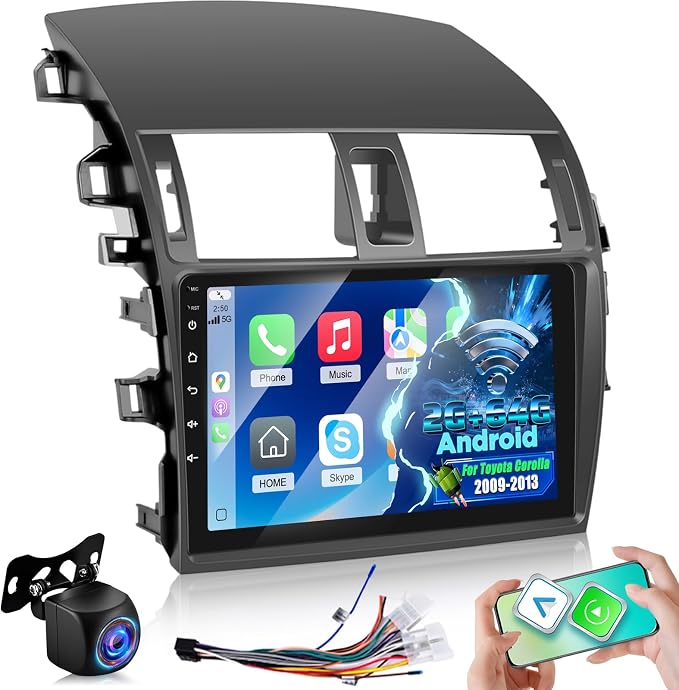 [2+64G] Android Car Stereo for Toyota Corolla 2009-2013 with Wireless Carplay and Android Auto, 9 Inch 2.5D Touchscreen Corolla Radio with EQ Sound/GPS/WiFi/SWC + AHD Backup Camera + Mic