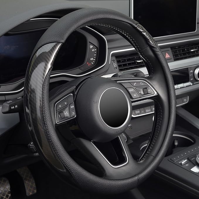 Car Steering Wheel Cover Universal 14 1/2"-15" Leather Carbon Fiber Anti-Slip Car Accessories, Black