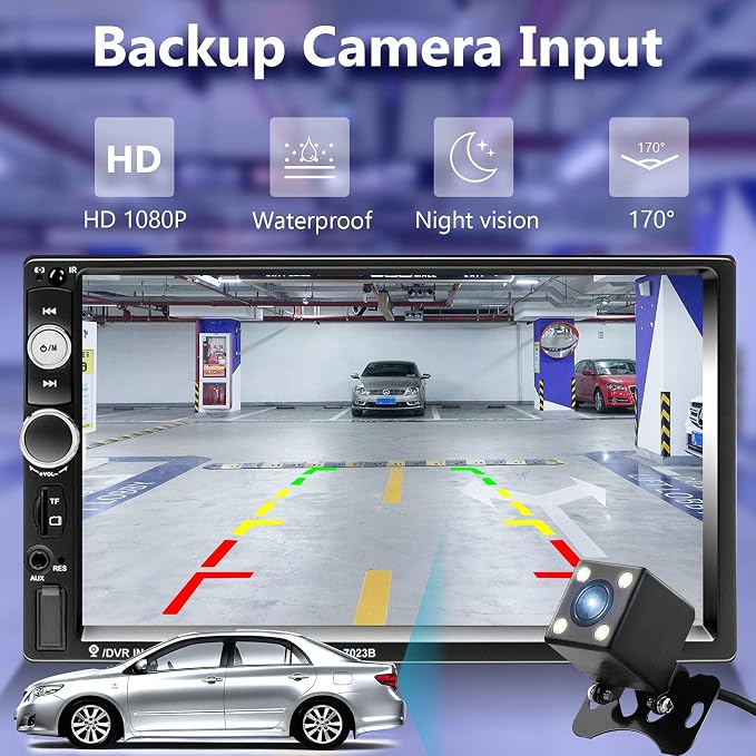 Double Din Car Stereo Radio 7 Inch Touch Screen Bluetooth Handsfree Mirror Link USB SD FM Audio Receiver with Backup Camera Wireless Steering Wheel Control