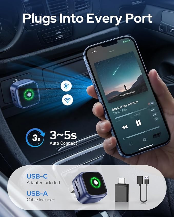 2-in-1 Wireless CarPlay & Android Auto Adapter, One-Click Switch for Apple iPhone and Android, Converts Wired to Wireless, Plug and Play for USB/USB-C, Compatible with 1000+ Vehicles