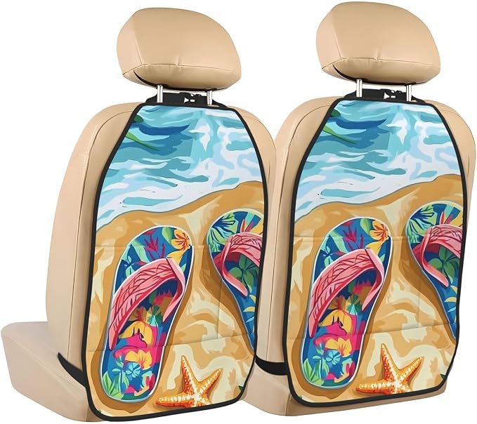 Summer Flip-Flops Car Seat Back Protectors 2 Pack – Large Kick Mats with Storage Pockets, Universal Fit for Most Vehicles