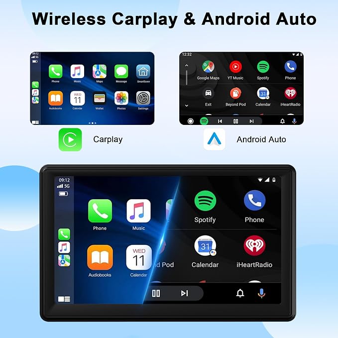 Portable Wireless Carplay Car Radio, 7" HD Touchscreen with Carplay Android Auto with Mirror Link/Voice Control/Bluetooth/FM/GPS Navigation/AUX